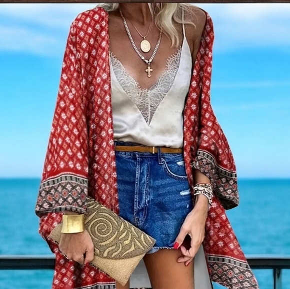 New!  Boho Kimono Vest, Tribal Print, Lightweight, Open Front, Casual Size large - Picture 7 of 9